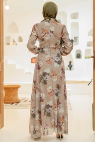 Neva Style - Çiçek Desenli Vizon Tesettür Elbise 27926V - Thumbnail