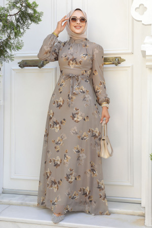 Neva Style - Çiçek Desenli Vizon Tesettür Elbise 279317V - 2