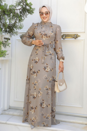 Neva Style - Çiçek Desenli Vizon Tesettür Elbise 279317V - 1