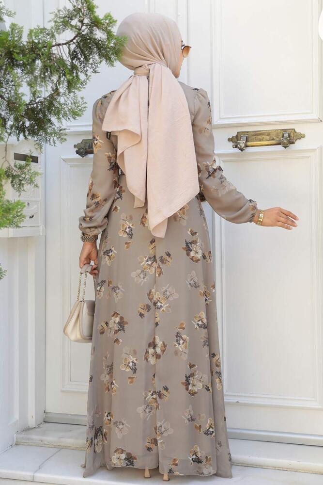 Neva Style - Çiçek Desenli Vizon Tesettür Elbise 279317V - 3