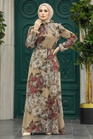 Neva Style - Çiçek Desenli Vizon Tesettür Elbise 279318V - Thumbnail