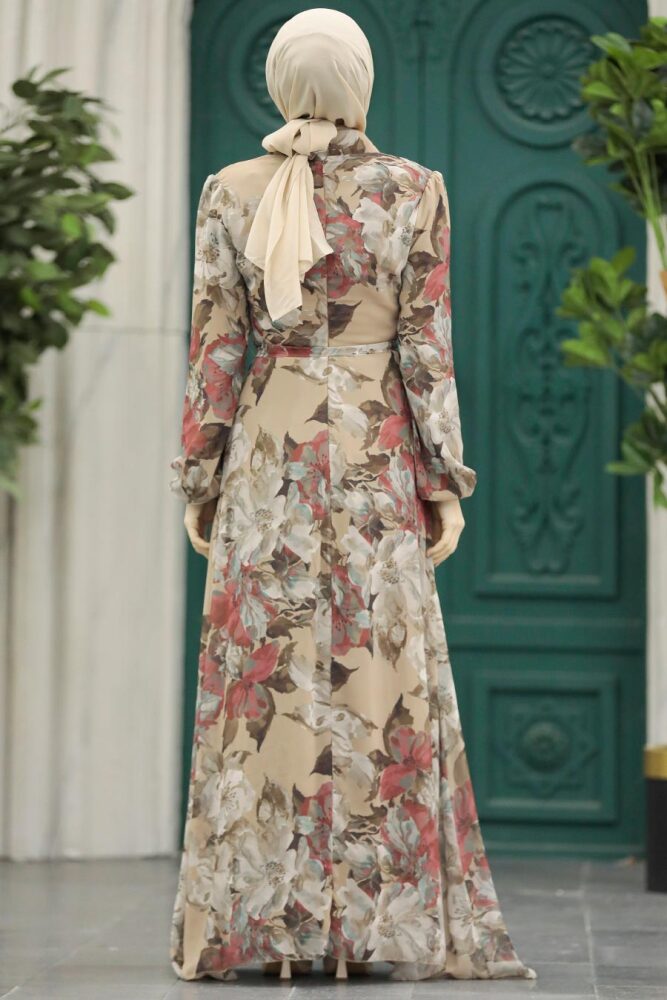 Robe longue et couvrante à motifs floraux – Taupe 279318V - 3