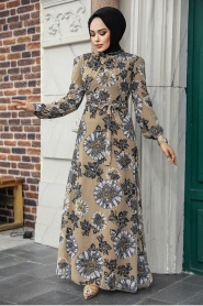 Neva Style - Çiçek Desenli Vizon Tesettür Elbise 279320V - Thumbnail