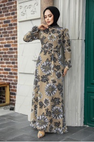 Neva Style - Çiçek Desenli Vizon Tesettür Elbise 279320V - Thumbnail