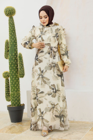 Neva Style - Çiçek Desenli Vizon Tesettür Elbise 279322V - 2