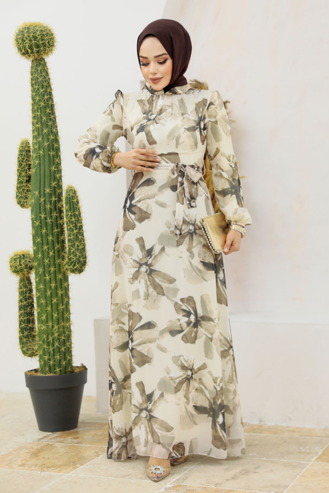 Neva Style - Çiçek Desenli Vizon Tesettür Elbise 279322V - 2