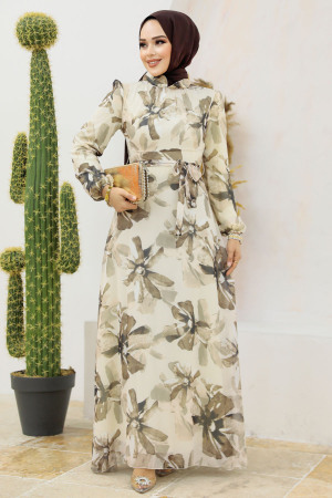 Neva Style - Çiçek Desenli Vizon Tesettür Elbise 279322V - 1