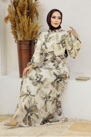 Neva Style - Çiçek Desenli Vizon Tesettür Elbise 279322V - 3