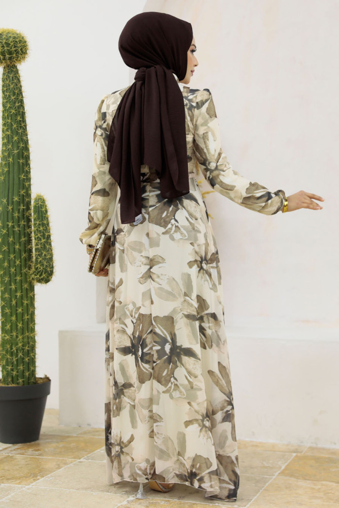 Neva Style - Çiçek Desenli Vizon Tesettür Elbise 279322V - 4