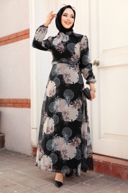Neva Style - Çiçek Desenli Vizon Tesettür Elbise 279323V - Thumbnail
