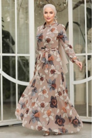 Neva Style - Çiçek Desenli Vizon Tesettür Elbise 279325V - Thumbnail
