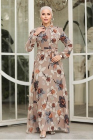 Neva Style - Çiçek Desenli Vizon Tesettür Elbise 279325V - Thumbnail