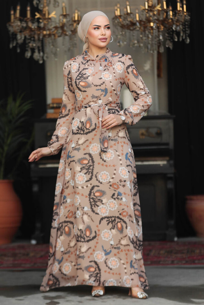Neva Style - Çiçek Desenli Vizon Tesettür Elbise 279326V - 2