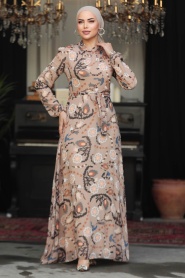 Neva Style - Çiçek Desenli Vizon Tesettür Elbise 279326V - Thumbnail
