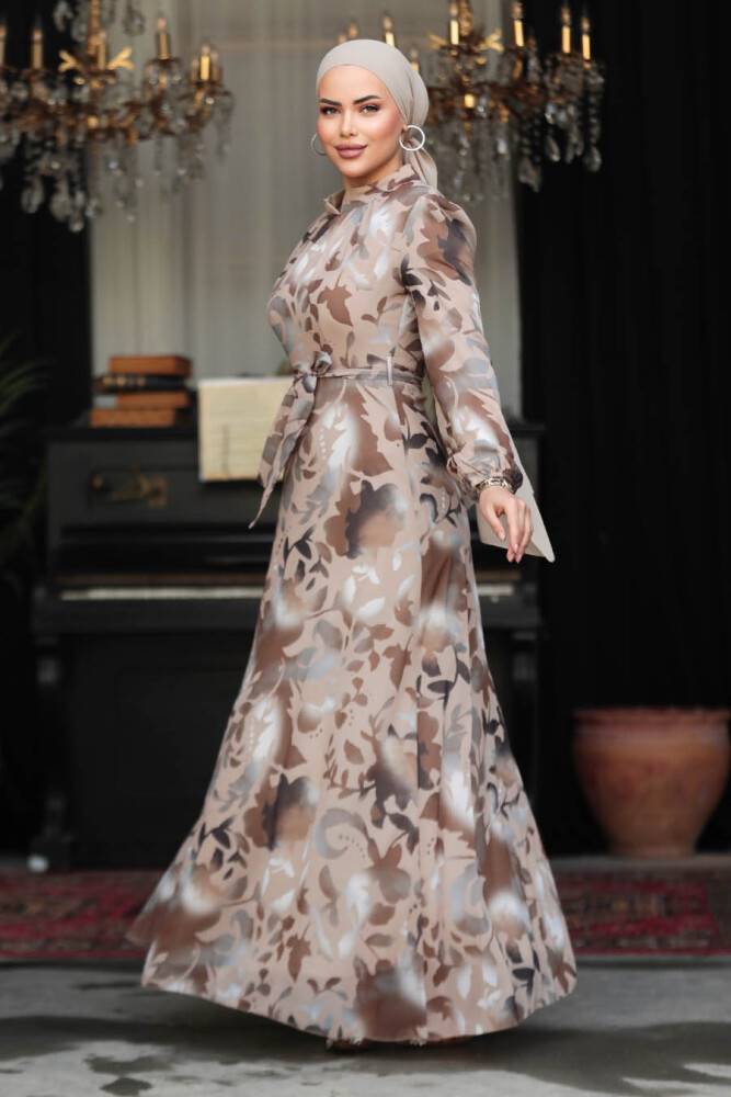 Neva Style - Çiçek Desenli Vizon Tesettür Elbise 279331V - 2