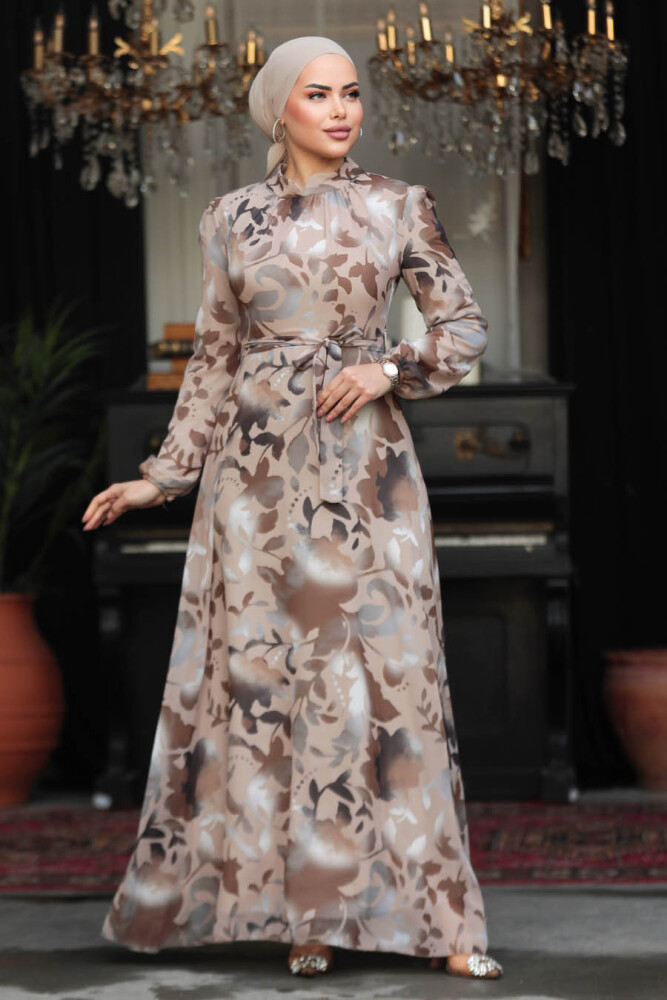 Neva Style - Çiçek Desenli Vizon Tesettür Elbise 279331V - 1