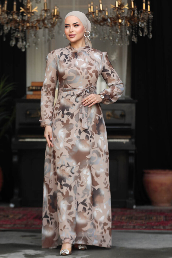Neva Style - Çiçek Desenli Vizon Tesettür Elbise 279331V - 3