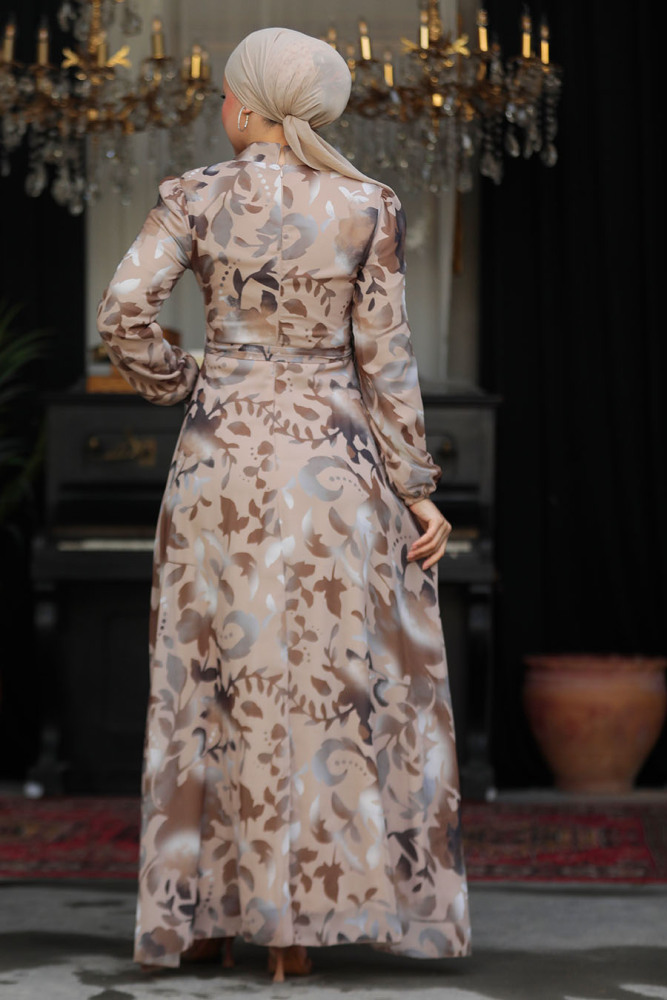 Neva Style - Çiçek Desenli Vizon Tesettür Elbise 279331V - 4