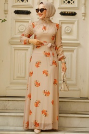 Neva Style - Çiçek Desenli Vizon Tesettür Elbise 27937V - Thumbnail