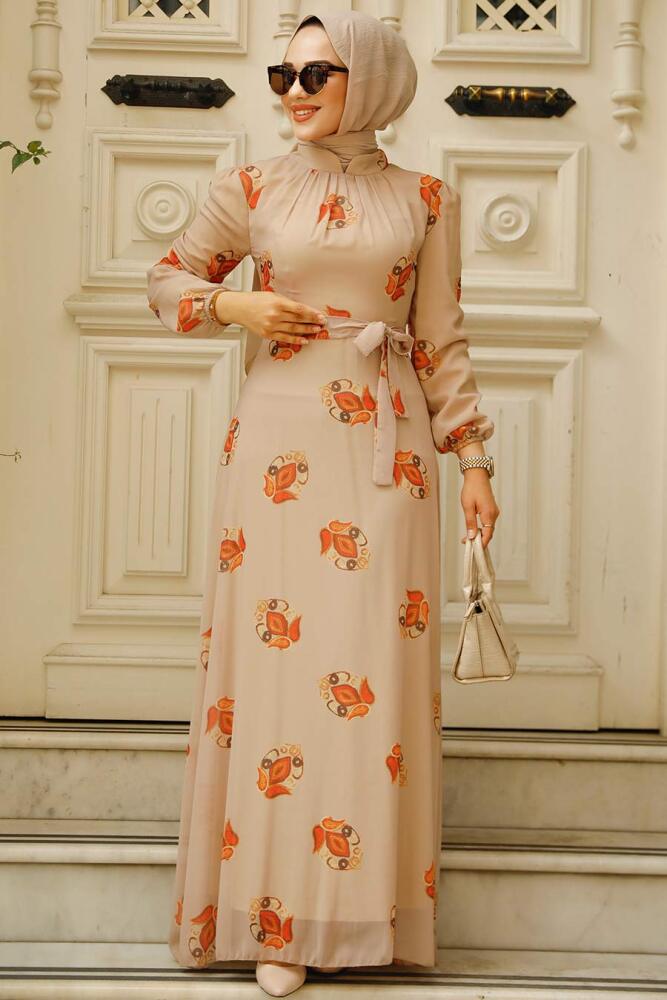 Neva Style - Çiçek Desenli Vizon Tesettür Elbise 27937V - 2