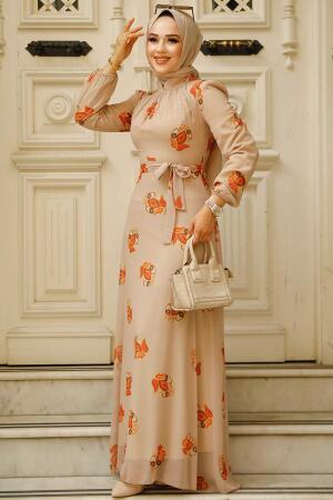 Neva Style - Çiçek Desenli Vizon Tesettür Elbise 27937V - 3