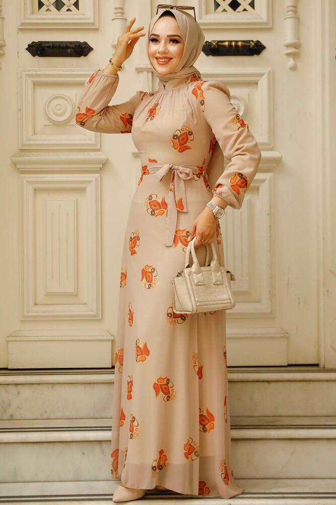 Neva Style - Çiçek Desenli Vizon Tesettür Elbise 27937V - 3