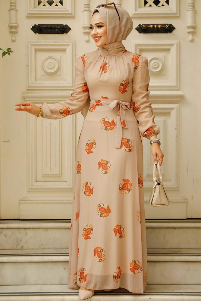 Neva Style - Çiçek Desenli Vizon Tesettür Elbise 27937V - 1