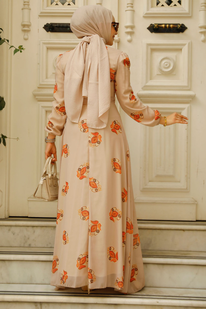 Neva Style - Çiçek Desenli Vizon Tesettür Elbise 27937V - 4
