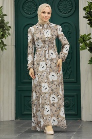Neva Style - Çiçek Desenli Vizon Tesettür Elbise 27939V - Thumbnail