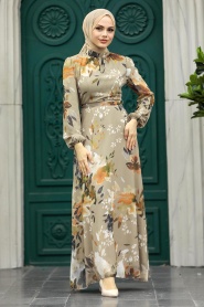 Neva Style - Çiçek Desenli Vizon Tesettür Elbise 27942V - Thumbnail