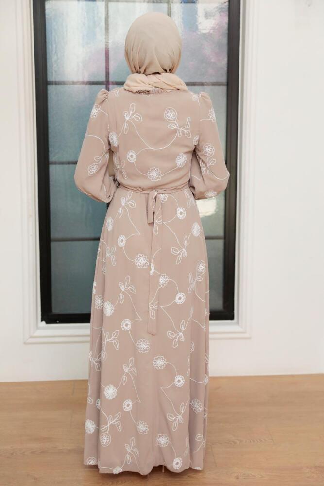  Çiçek Desenli Vizon Tesettür Elbise 32944V - 2