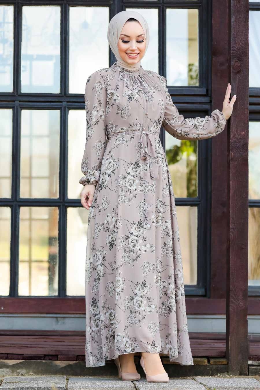 Neva Style - Çiçek Desenli Vizon Tesettür Elbise 81390V