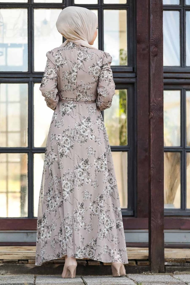 Neva Style - Çiçek Desenli Vizon Tesettür Elbise 81390V - 2