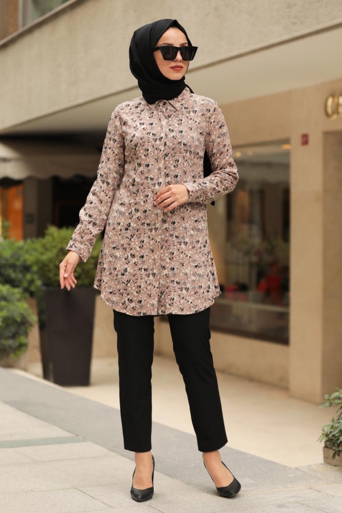 Neva Style - Çiçek Desenli Vizon Tesettür Gömlek 44903V - 1