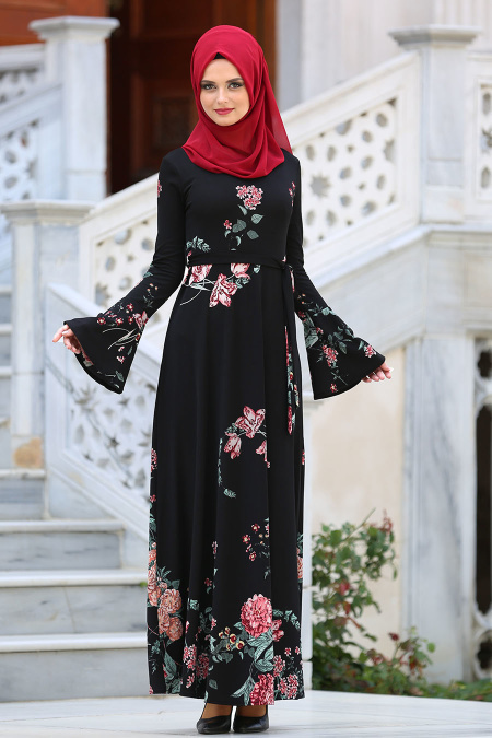 Neva Style - Çiçek Desenli Volan Kol Siyah Tesettür Elbise 3650S