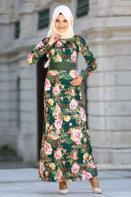 Neva Style - Çiçek Desenli Yeşil Kadife Tesettür Elbise 20880Y