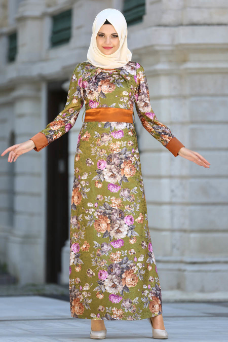 Neva Style - Çiçek Desenli Yeşil Kadife Tesettür Elbise 2088Y