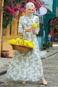 Neva Style -Çiçek Desenli Yeşil Tesettür Elbise 279012Y - Thumbnail