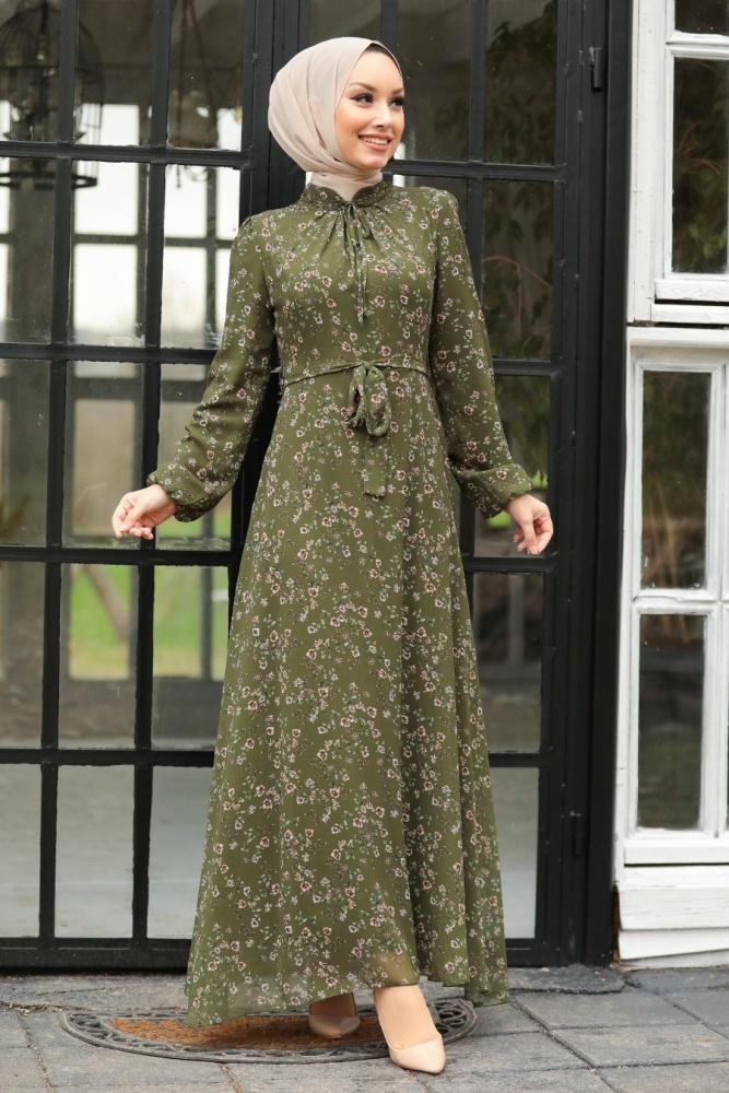 Neva Style - Çiçek Desenli Yeşil Tesettür Elbise 27902Y - 1