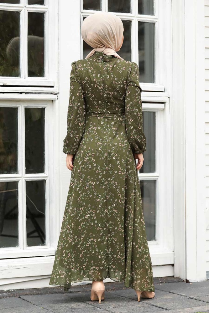 Neva Style - Çiçek Desenli Yeşil Tesettür Elbise 27902Y - 3