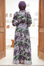 Neva Style - Çiçek Desenli Yeşil Tesettür Elbise 279039Y - Thumbnail
