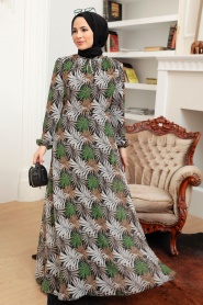Neva Style - Çiçek Desenli Yeşil Tesettür Elbise 279076Y - Thumbnail