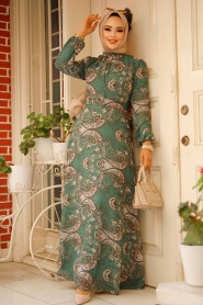 Neva Style - Çiçek Desenli Yeşil Tesettür Elbise 279081Y - Thumbnail