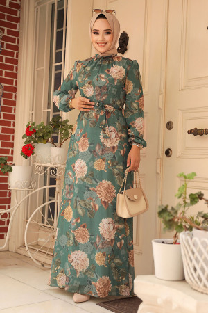Neva Style - Çiçek Desenli Yeşil Tesettür Elbise 279083Y - 1