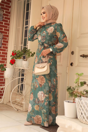 Neva Style - Çiçek Desenli Yeşil Tesettür Elbise 279083Y - 2