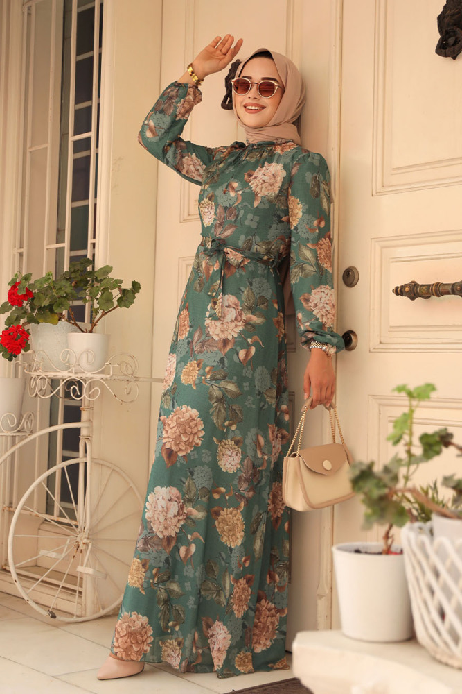 Neva Style - Çiçek Desenli Yeşil Tesettür Elbise 279083Y - 3