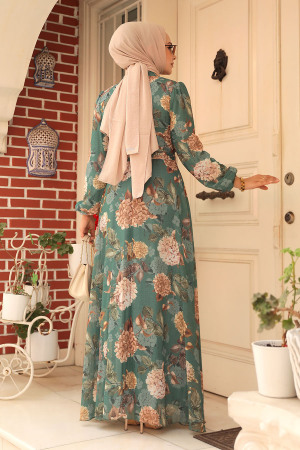Neva Style - Çiçek Desenli Yeşil Tesettür Elbise 279083Y - 4
