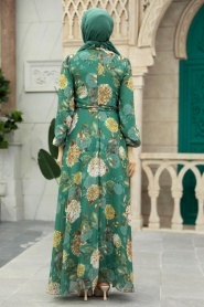 Neva Style - Çiçek Desenli Yeşil Tesettür Elbise 279083Y - Thumbnail