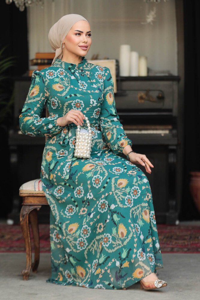 Neva Style - Çiçek Desenli Yeşil Tesettür Elbise 279326Y - 2