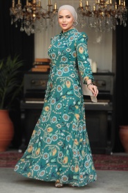 Neva Style - Çiçek Desenli Yeşil Tesettür Elbise 279326Y - Thumbnail